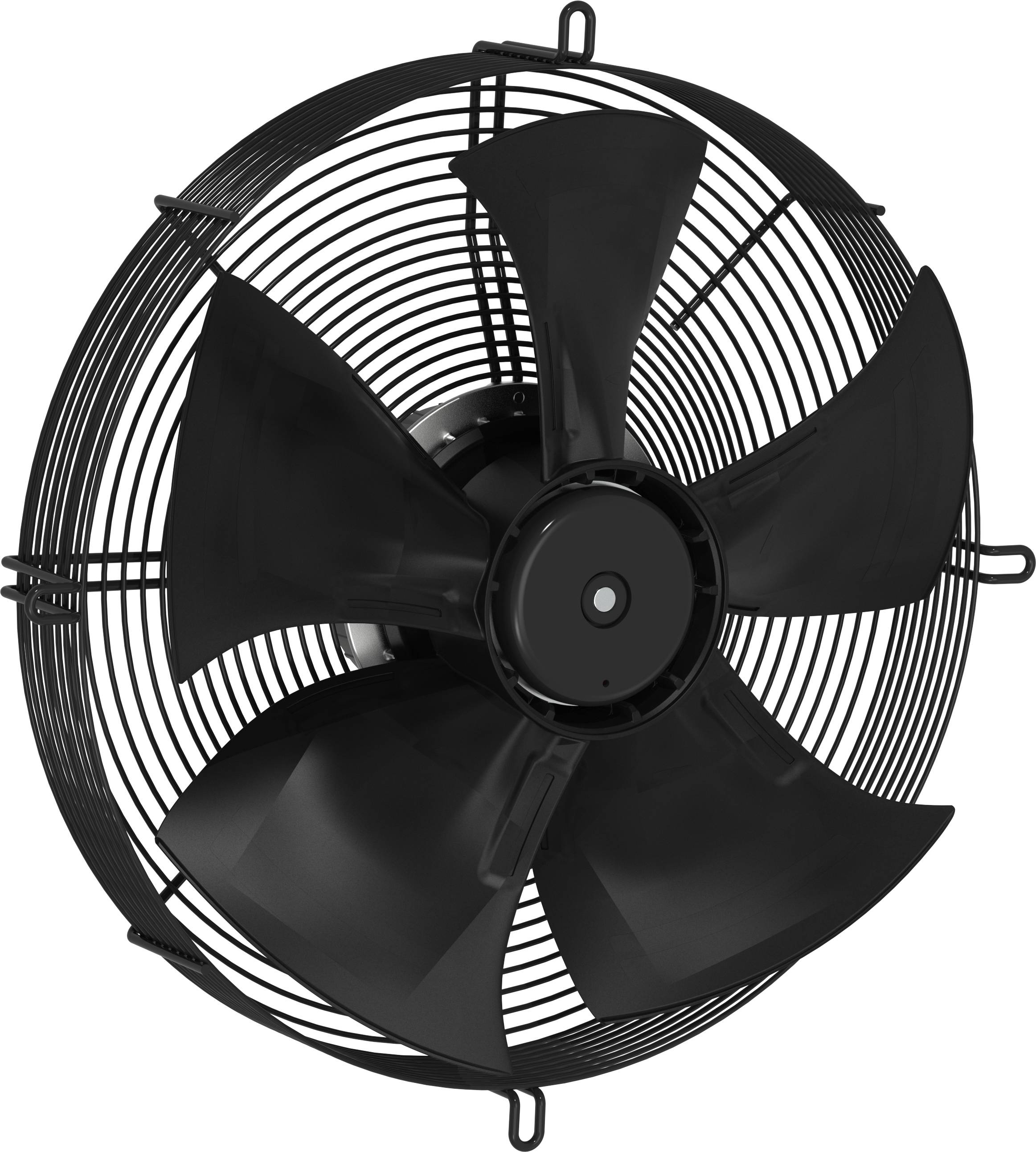 Zwarte aan de muur gemonteerde industriële ventilator met vijf bladen in een beschermend metalen gaasscherm, weergegeven in vooraanzicht op een witte achtergrond.