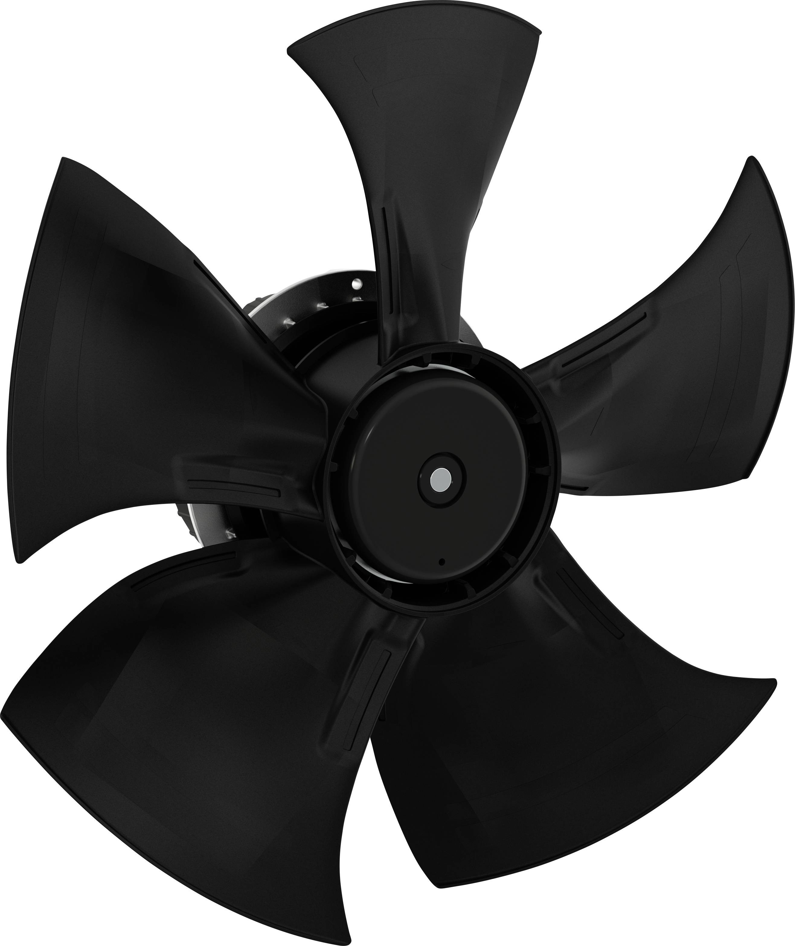 Zwarte vijfbladeige axiaalventilator of propeller op een witte achtergrond, weergegeven in vooraanzicht.