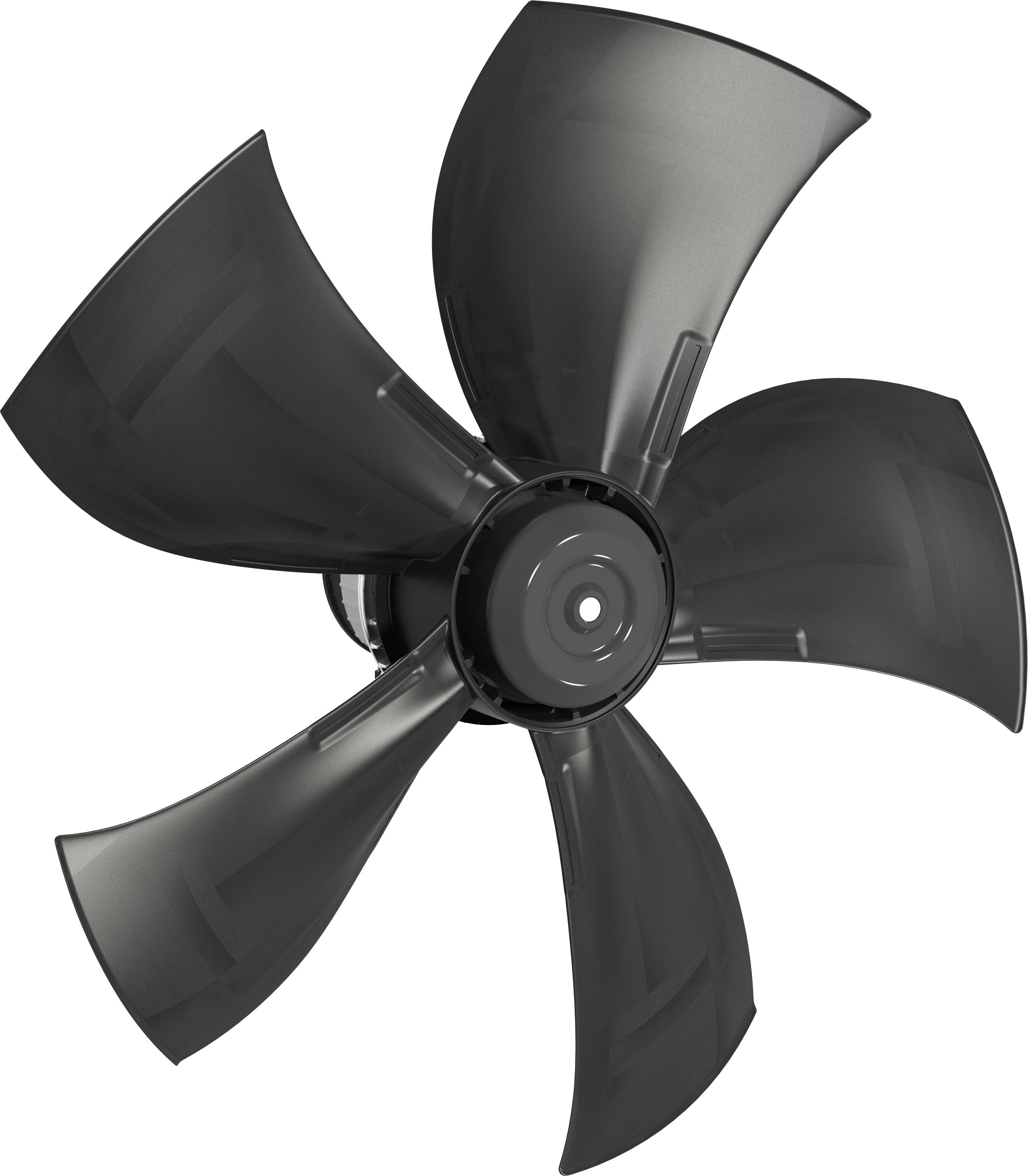 Zwarte vijfbladige ventilator of propeller van voren gezien op een witte achtergrond.