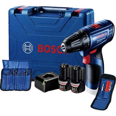 Bosch acculadder compleet pakket met koffer, oplader, twee batterijen, boorbits en accessoiretas.