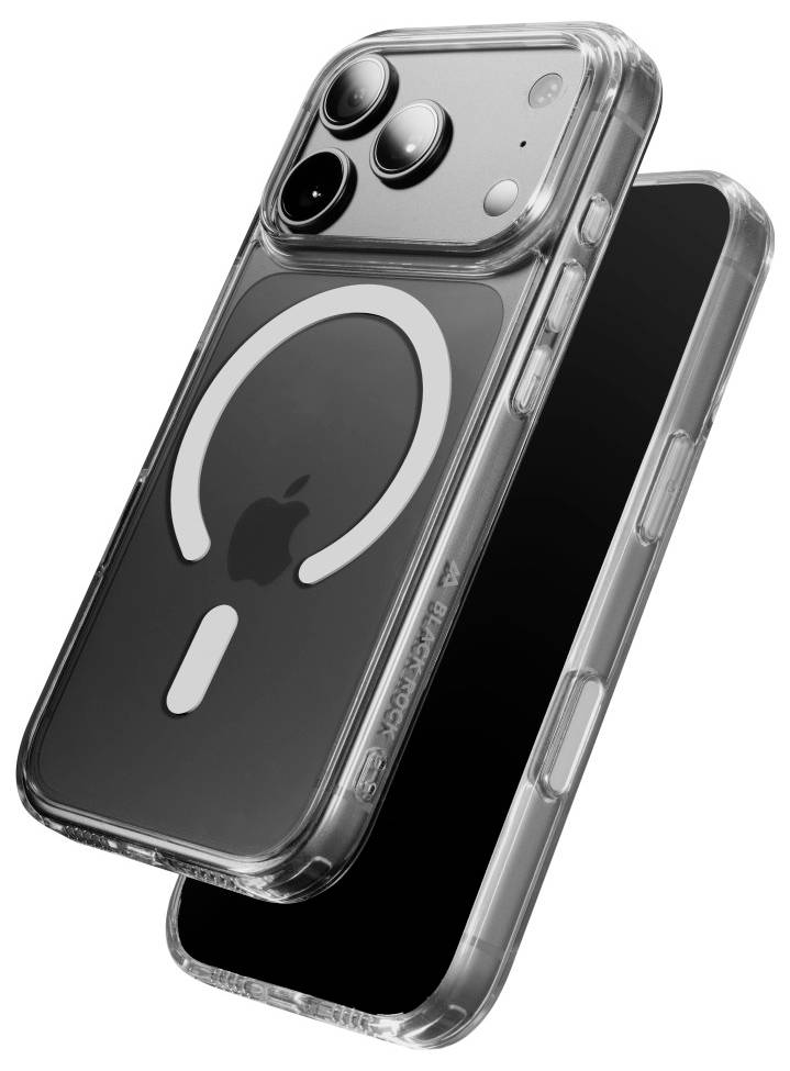 Twee iPhones weergegeven, één in een doorzichtige beschermhoes met MagSafe-ring en Apple-logo, zwevend boven een tweede telefoon in een bijpassende doorzichtige hoes.