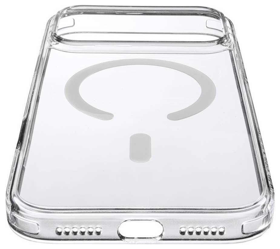 Duidelijk smartphonehoesje met een groot grijs vraagteken op de achterkant, frontaal weergegeven tegen een witte achtergrond.
