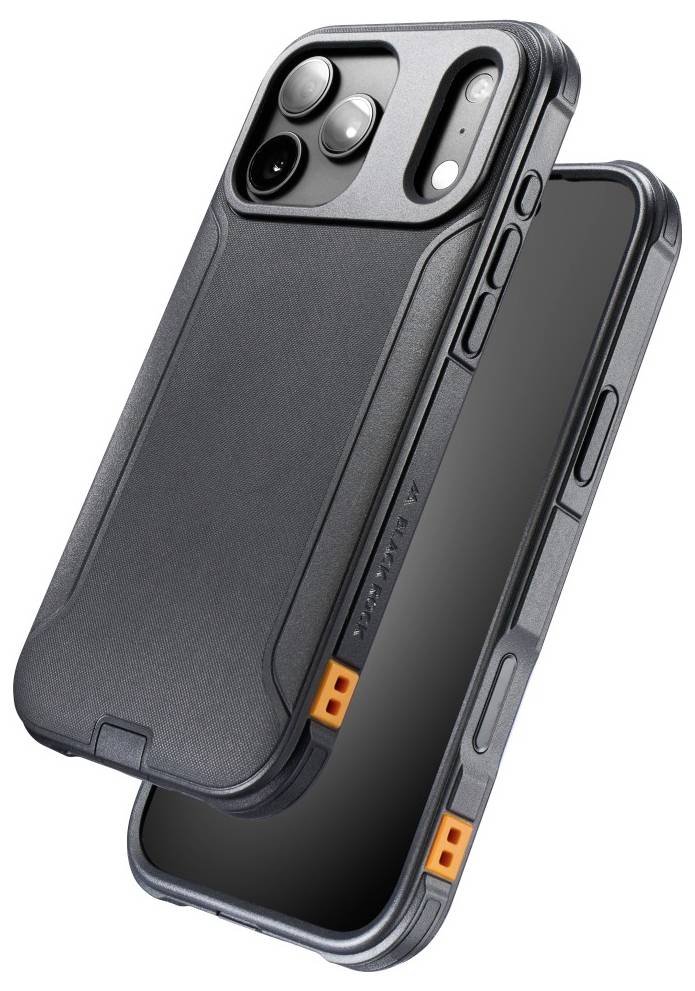 Twee zwarte robuuste smartphonehoesjes gestapeld weergegeven, met verhoogde camerabescherming en zijknoppen, voor valbeveiliging.
