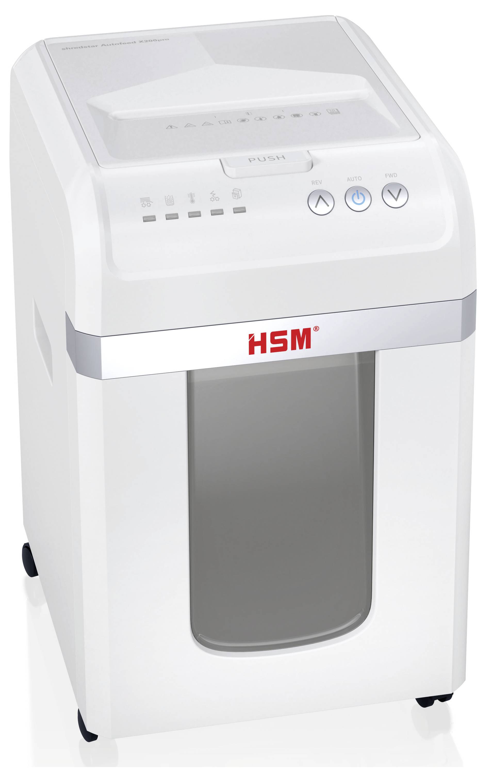 Witte HSM papiervernietiger met bovenste bedieningspaneel, aan/uit- en omkeerknoppen, en voorvenster van afvalbak op wielen.