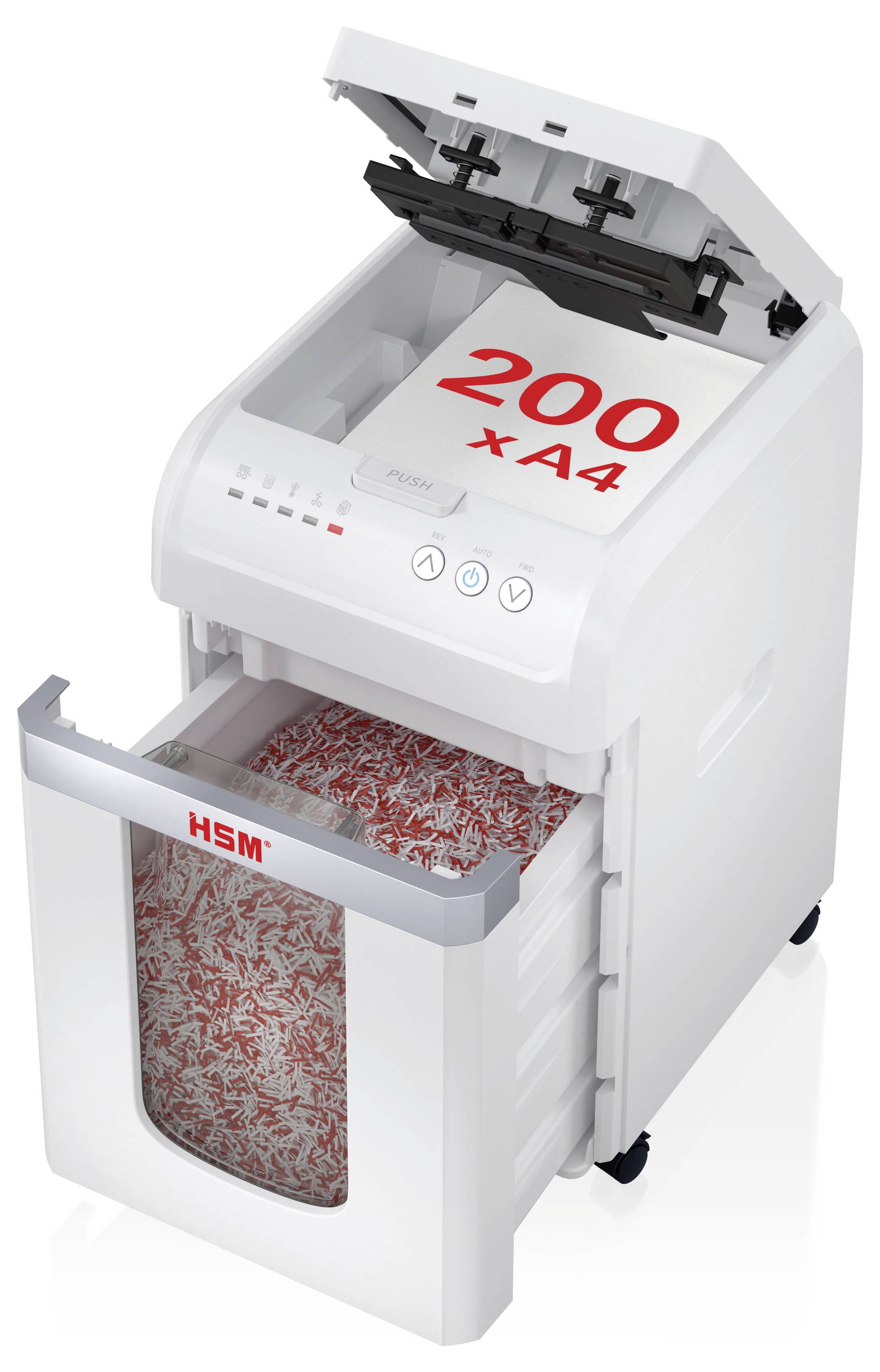 Open papiervernietiger met bovenaan invoergleuven gelabeld '200 x A4' en vooraan volle bak met gescheurd papier, weergegeven in wit op een effen achtergrond.