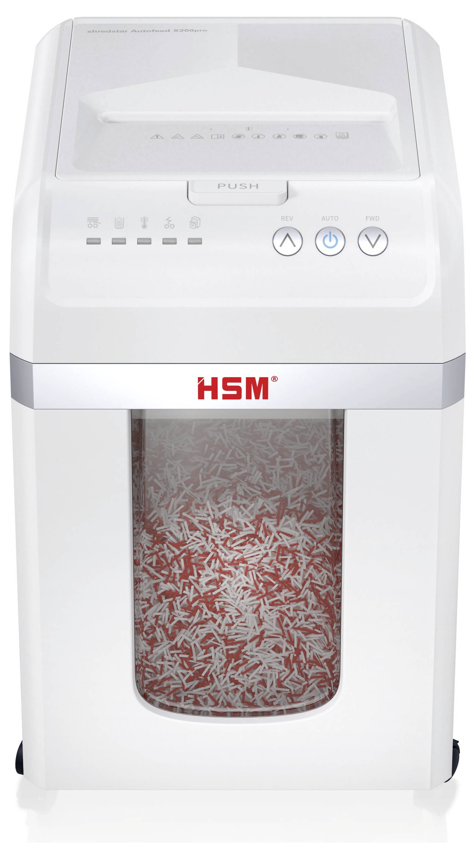 Witte HSM-papiervernietiger met vooraanzicht venster waaruit gesnipperd papier zichtbaar is en bedieningsknoppen aan de bovenkant, gefotografeerd tegen een witte achtergrond.