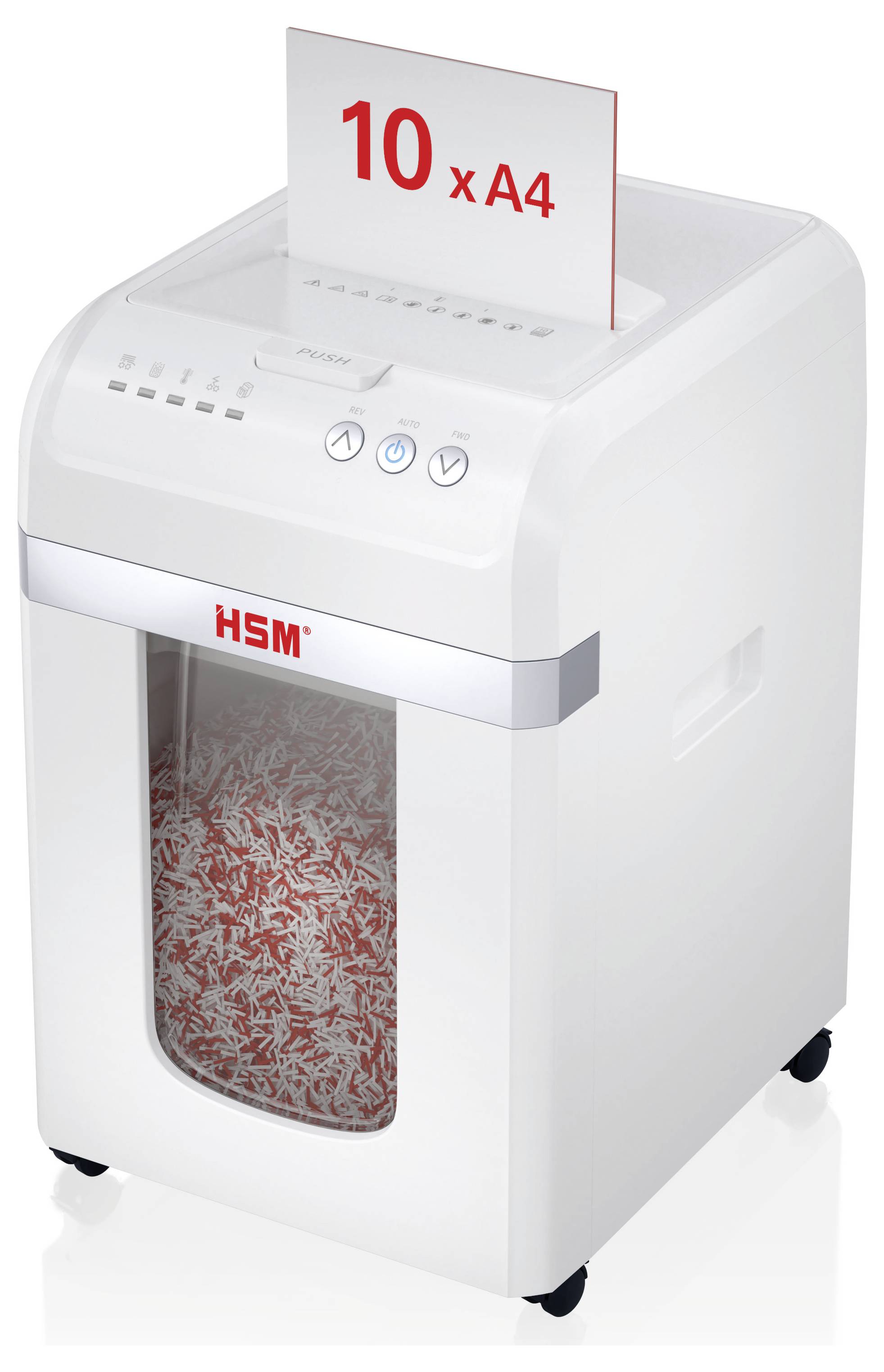 Witte papiervernietiger met een vel gelabeld '10 x A4' dat in de bovenste sleuf wordt ingevoerd; gescheurd papier is zichtbaar in de bak.
