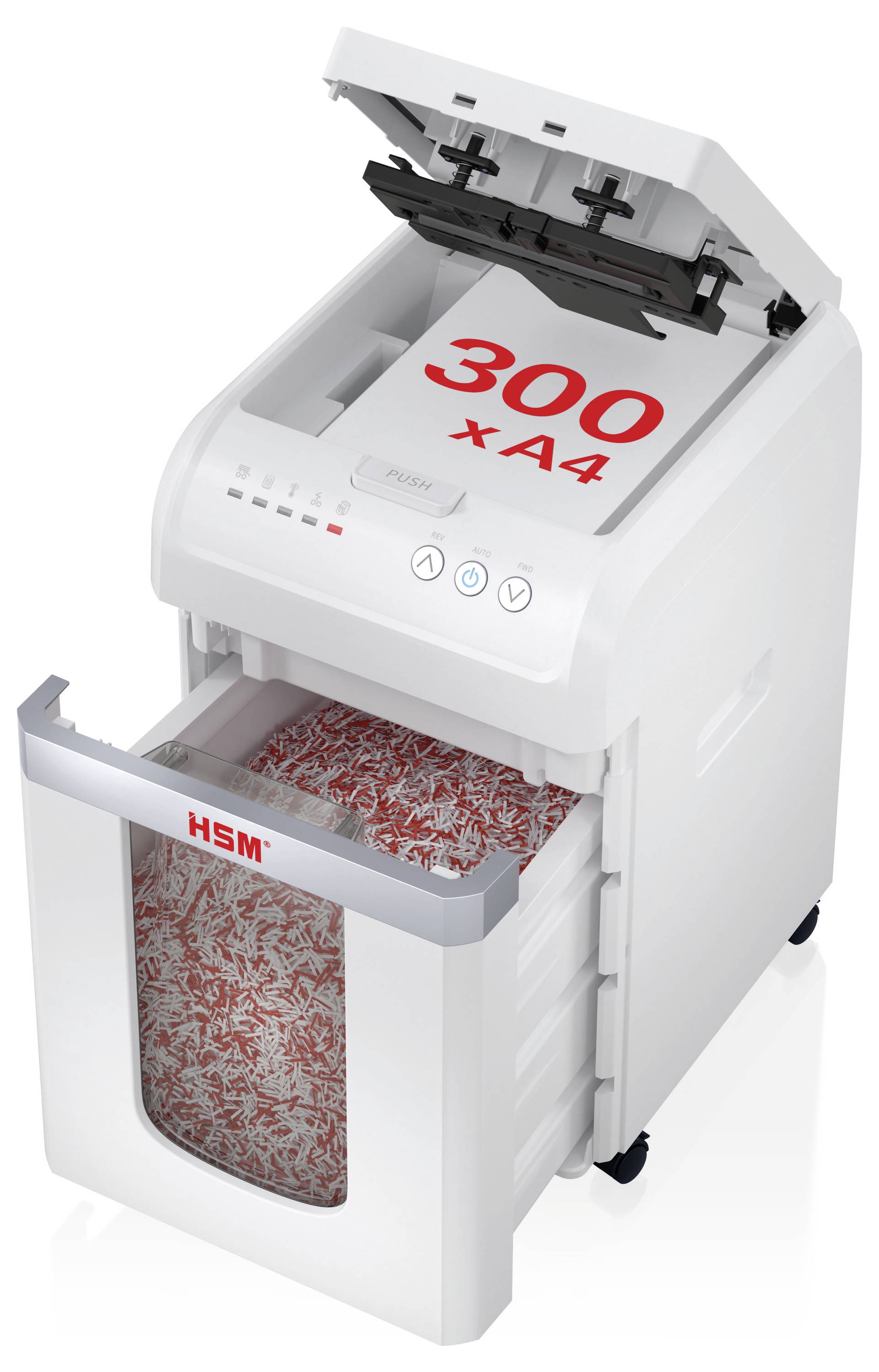 Witte papiervernietiger met open invoergleuf en bak vol gesnipperd papier, gelabeld '300 x A4' op het bovenpaneel.