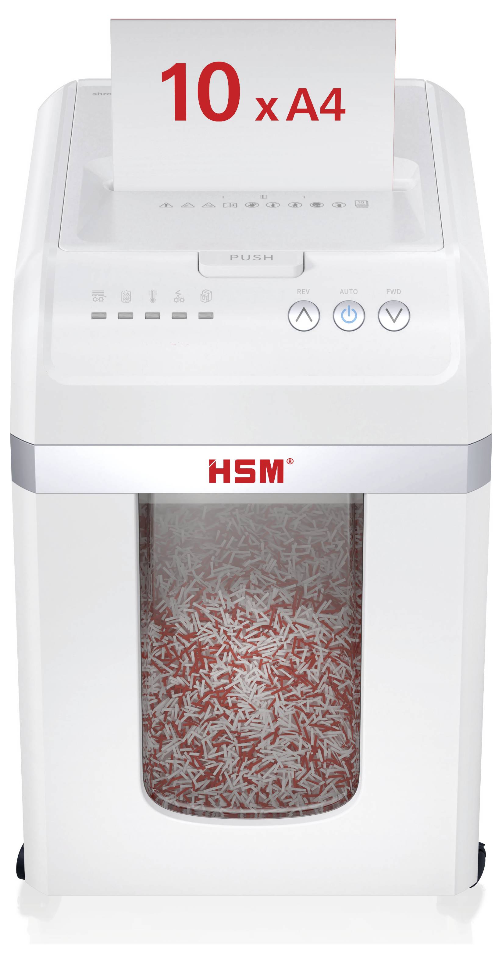 Witte HSM papierverschreder met een etiket '10 x A4' erin, wat aangeeft dat het tot 10 A4-vellen tegelijk vernietigt.