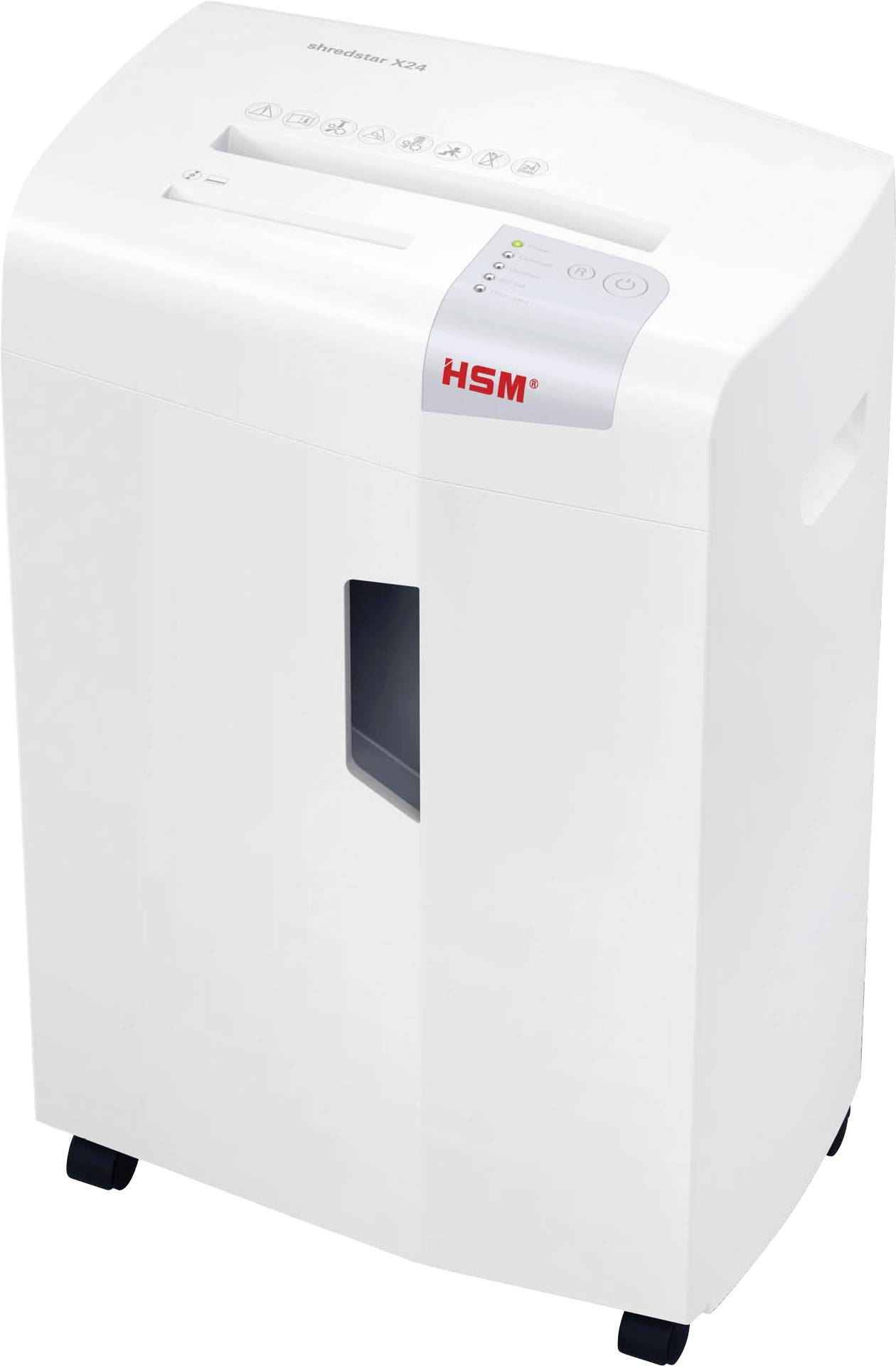 Witte HSM papiervernietiger met bovenste invoersleuf, bedieningsknoppen en een frontvenster dat het vulniveau van de shredcontainer weergeeft.
