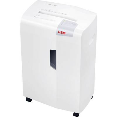 Witte HSM papiervernietiger met bovenste invoersleuf, bedieningsknoppen en een frontvenster dat het vulniveau van de shredcontainer weergeeft.