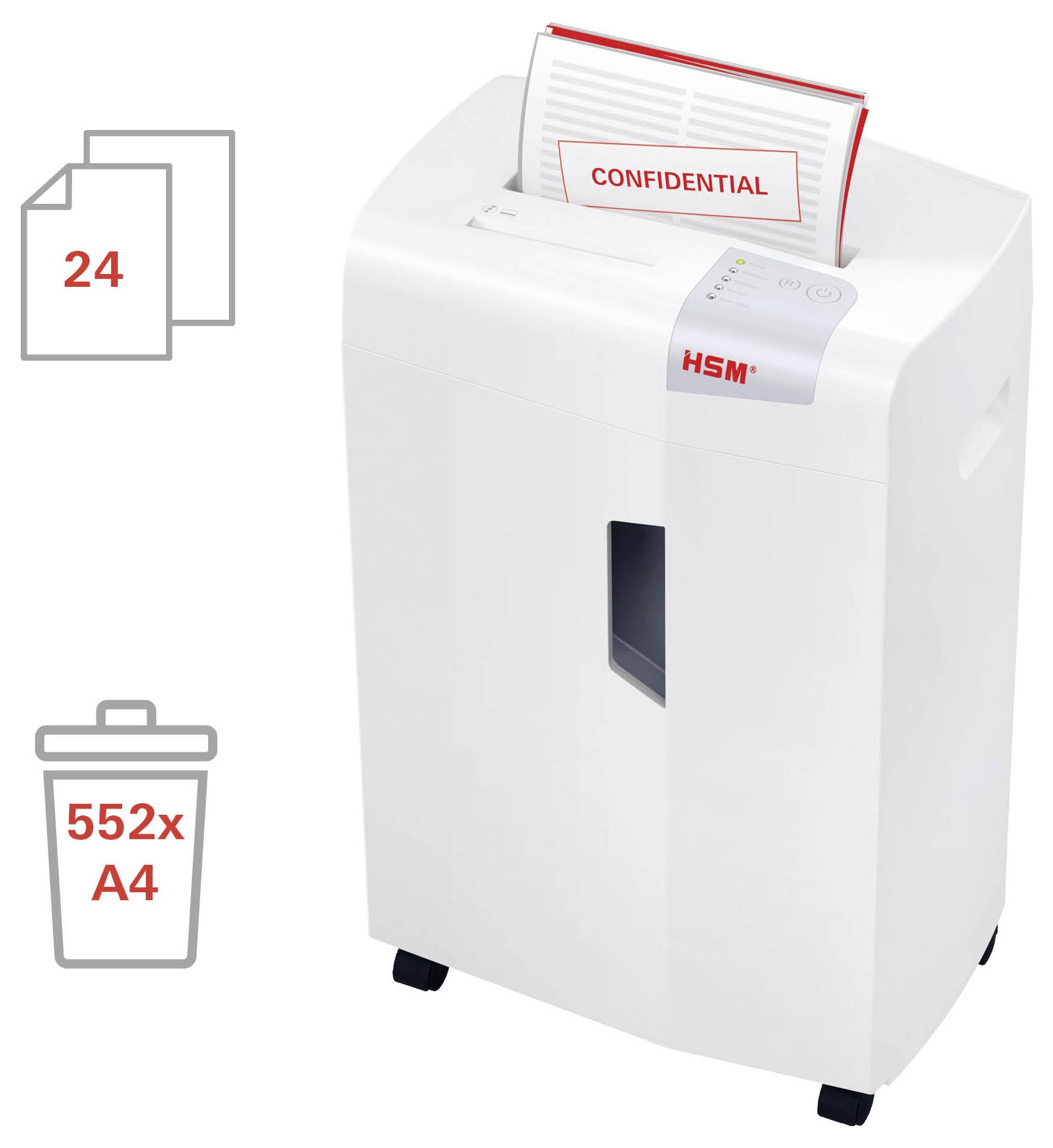 Witte HSM papiervernietiger met 'VERTROUWELIJK' document dat erin wordt gevoerd; pictogrammen tonen capaciteit van 24 vellen en 552x A4 bakvolume.