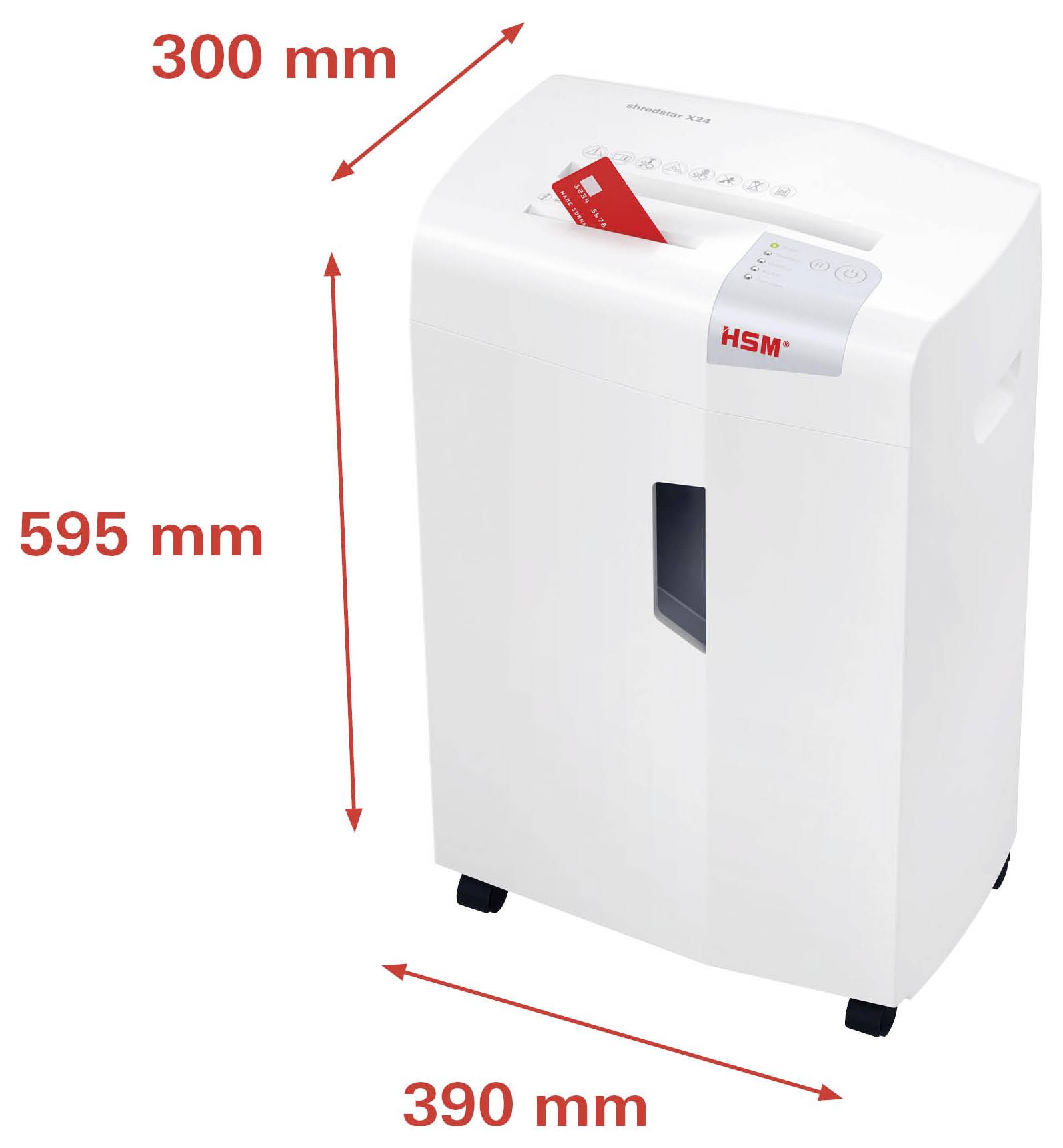 Witte HSM-papiervermaler weergegeven met aangegeven afmetingen: 595 mm hoog, 390 mm breed, 300 mm diep.