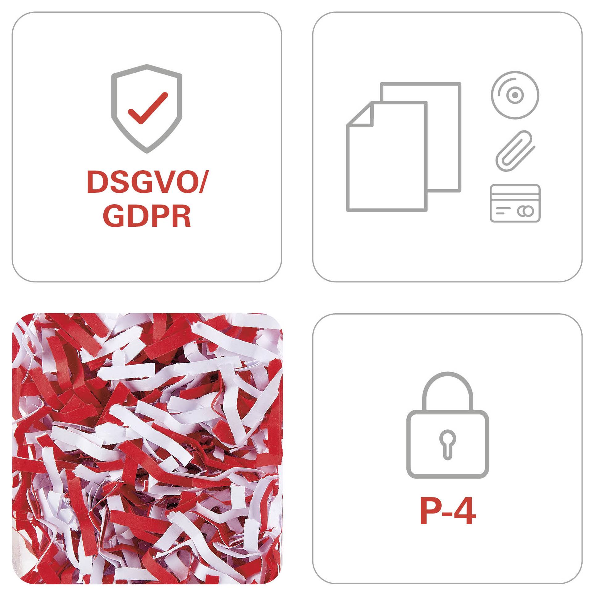 Vierpanelen grafiek: GDPR-nalevingsschild, document- en gegevenspictogrammen, verscheurd papier en een slot met het label 'P-4'.