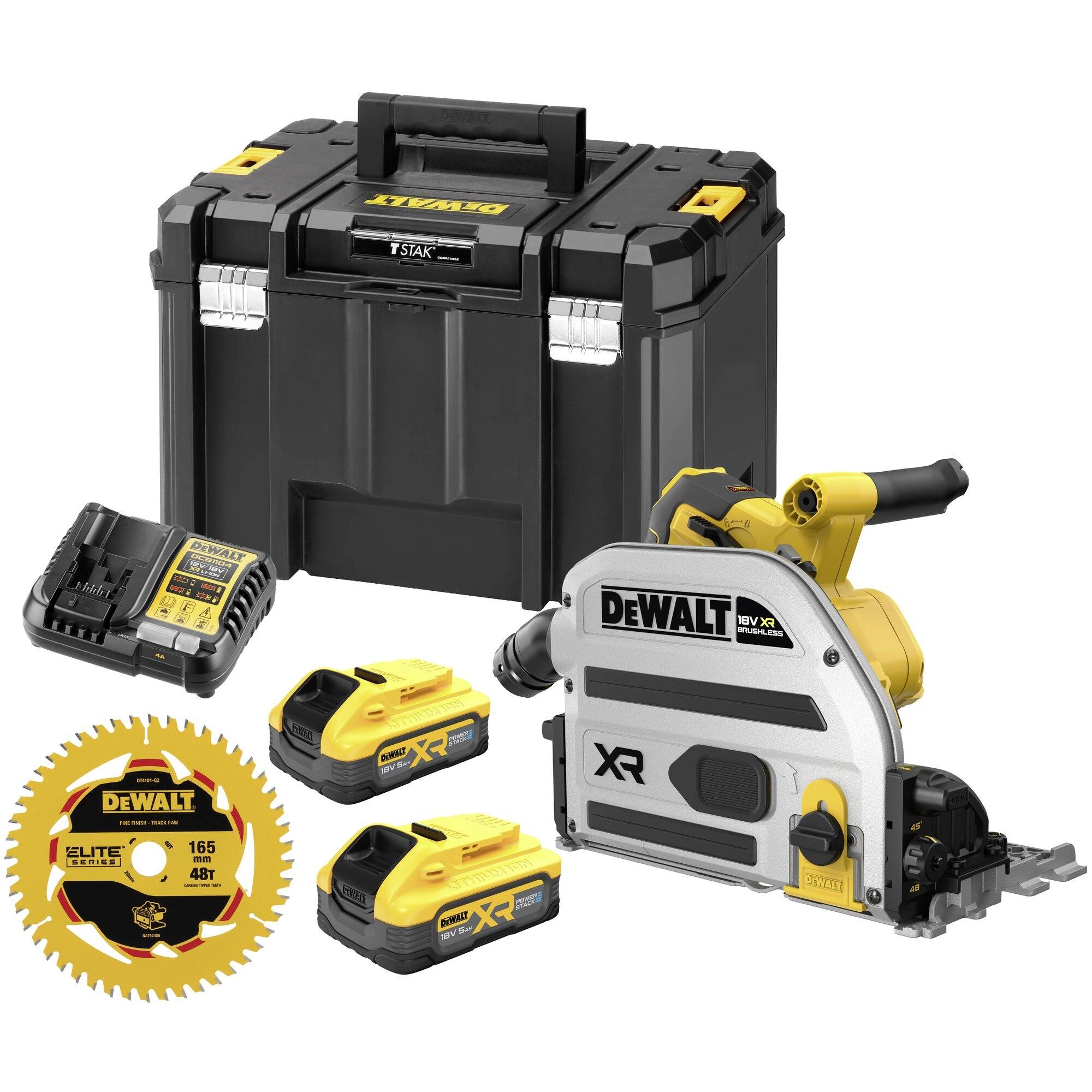 DEWALT accu-cirkelzaag set met draagtas, lader, twee batterijen en zaagblad op een witte achtergrond.