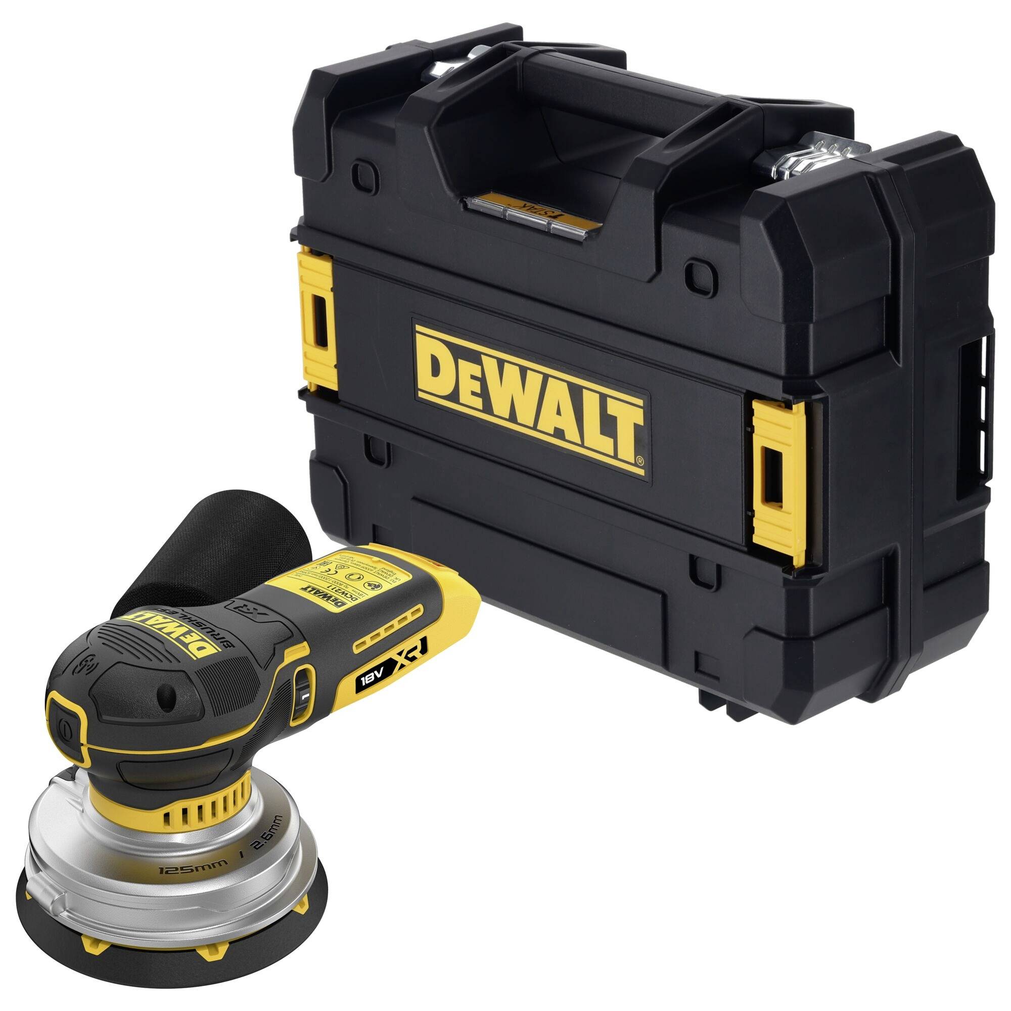 DeWalt draadloze excentrische schuurmachine met stofzak naast een zwarte DeWalt transporttas op een witte achtergrond.