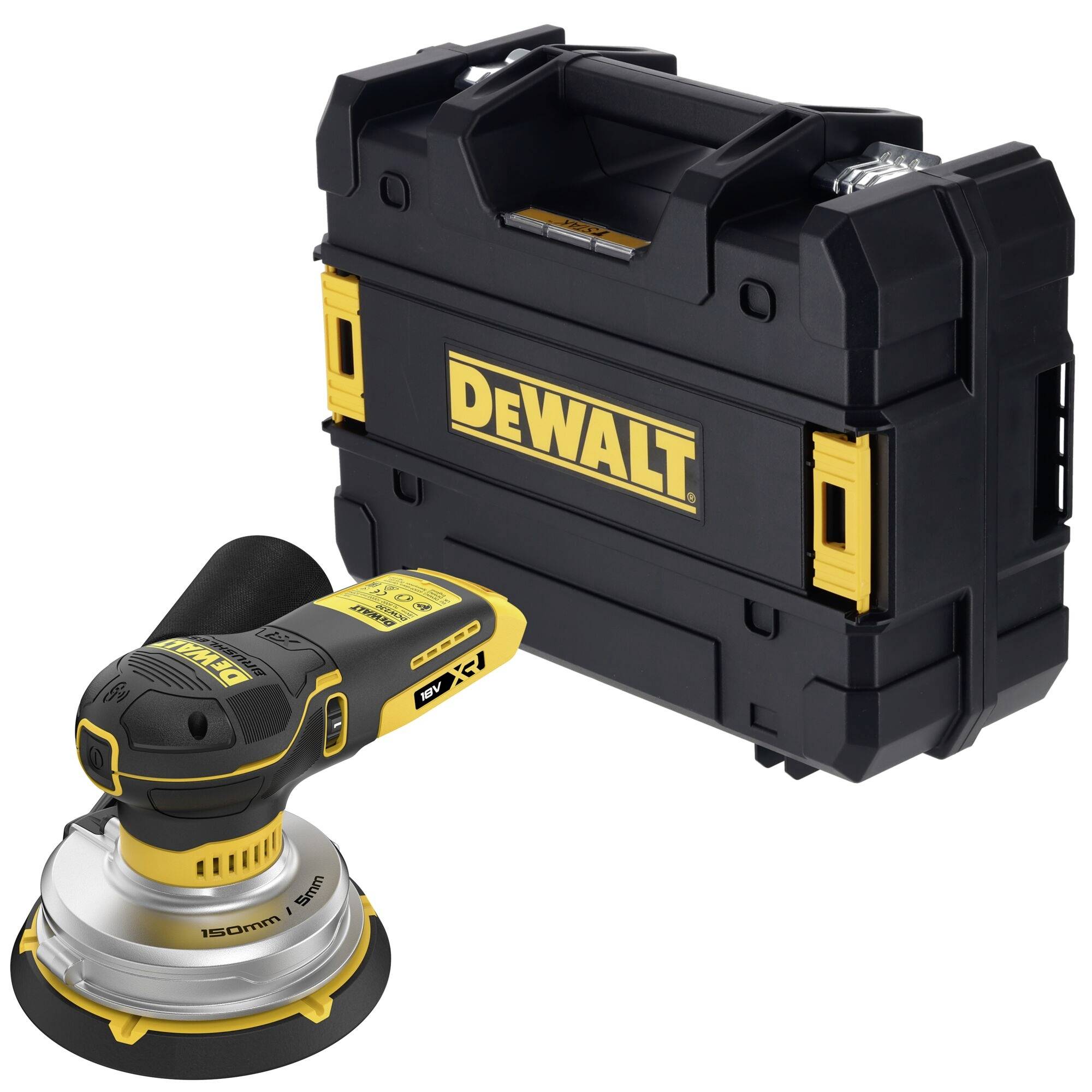 DeWalt draadloze elektroschurmachine met zwart en geel draagkoffertje op een witte achtergrond.