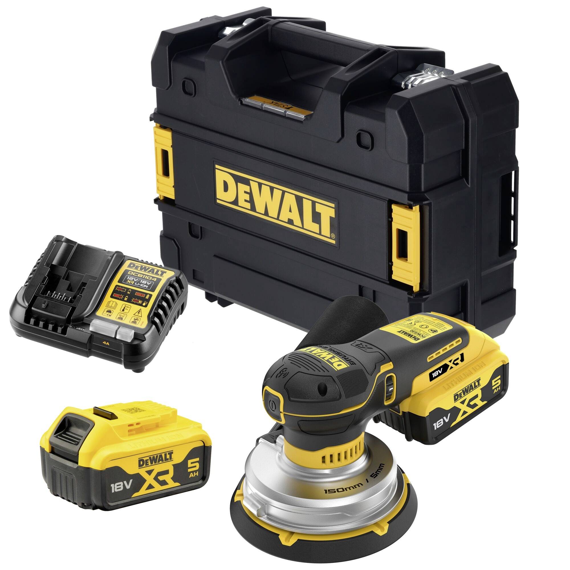 DEWALT draadloze gereedschapsset met draagkoffer, oplader, 18V batterij en een geel-zwarte excentrische schuurmachine.