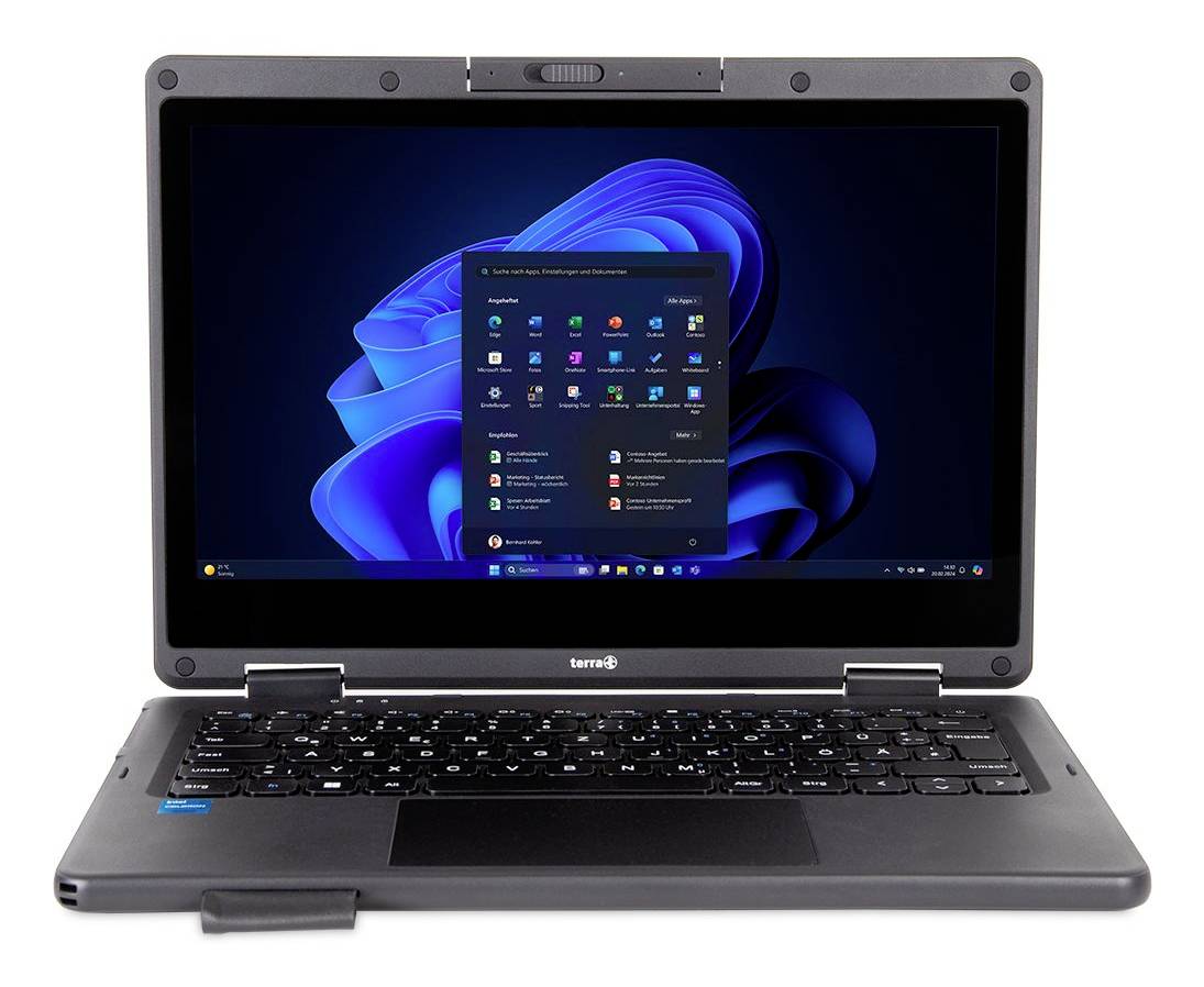 Een robuuste laptop met Windows 11 geopend, met het Startmenu zichtbaar op een blauwe abstracte bureaubladachtergrond.