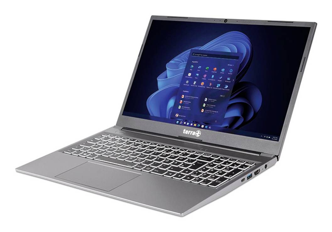 Gray Terra laptop open op een witte achtergrond, met het Windows 11-bureaublad op het scherm.