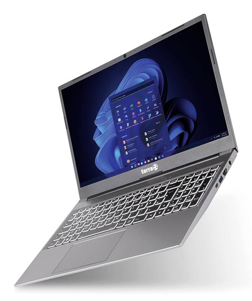 Silver Terra laptop open op een hoek, het Windows 11 bureaublad op het scherm.