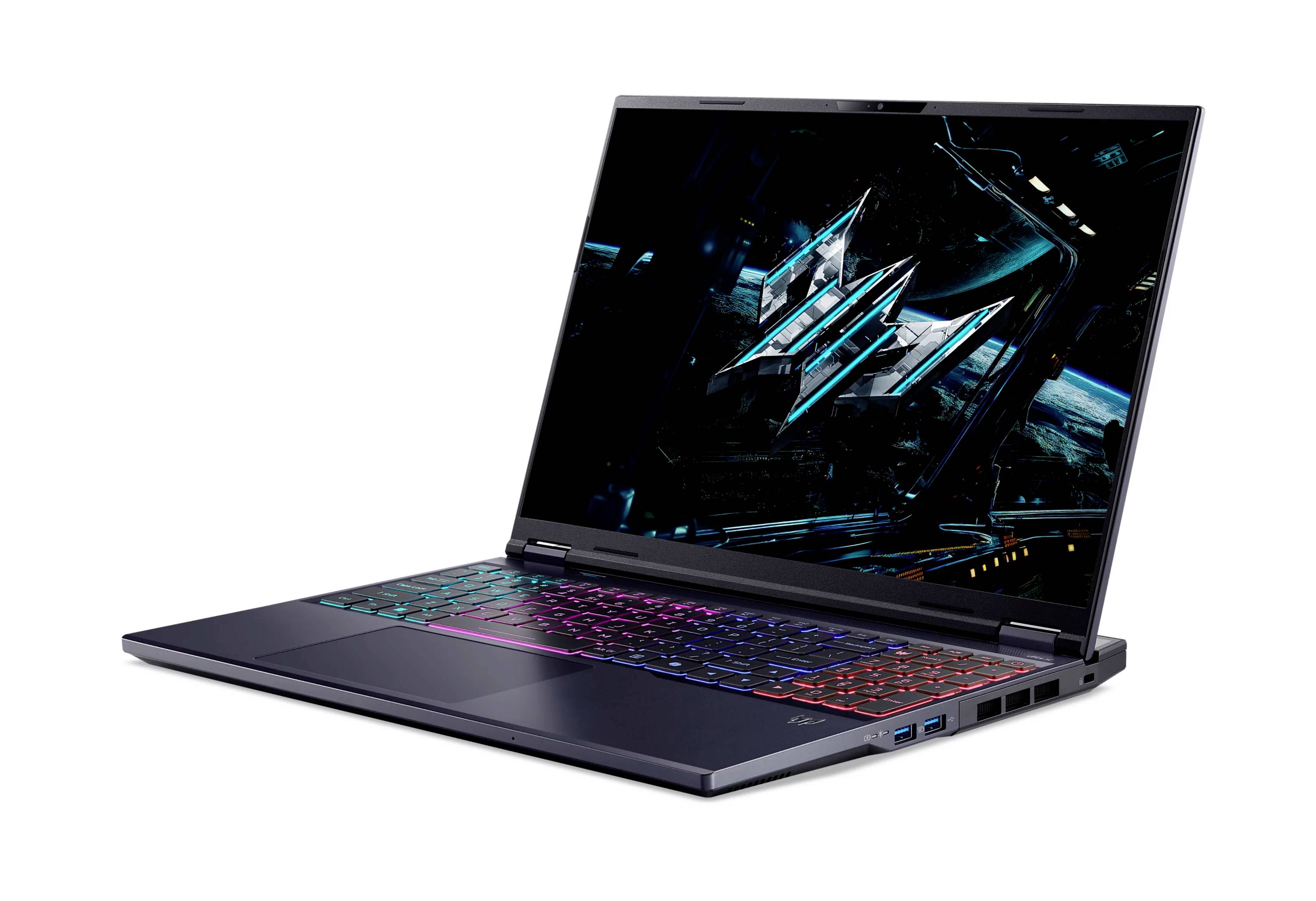 Open gaminglaptop met RGB-toetsenbord en abstract sci-fi-achtergrond op het scherm, weergegeven tegen een witte achtergrond.