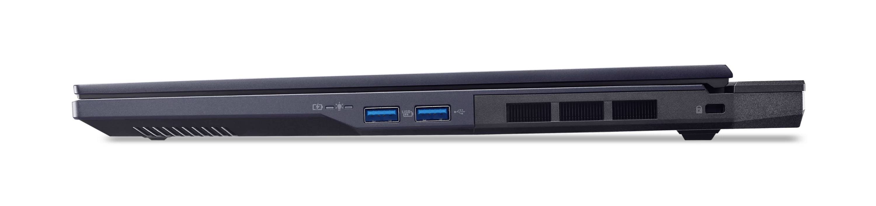 Slank zwart laptop zijkant met twee blauwe USB-poorten, ventilatierooster en een kaartslot aan de rechterkant.