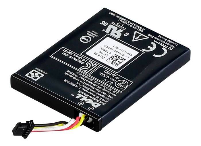 Zwarte oplaadbare batterijpak met aangebrachte aansluitingskabel op een witte achtergrond.