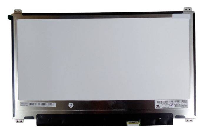 Blanco laptopscherm met metalen frame en aansluitstrip langs de onderrand.