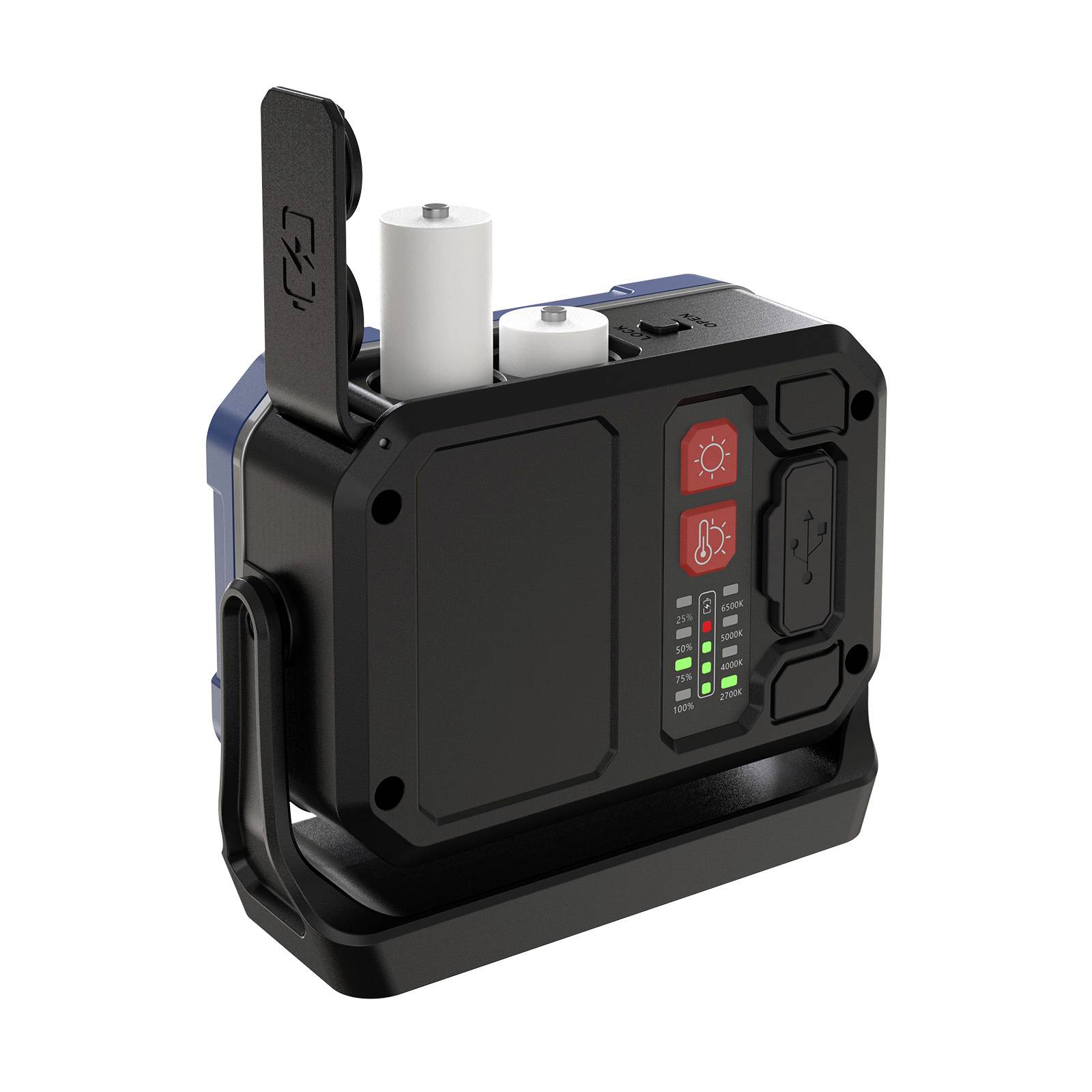 Draagbaar zwart energieverbruik met handvat, USB-poort, indicatorlampen en twee witte batterijcellen bovenop.