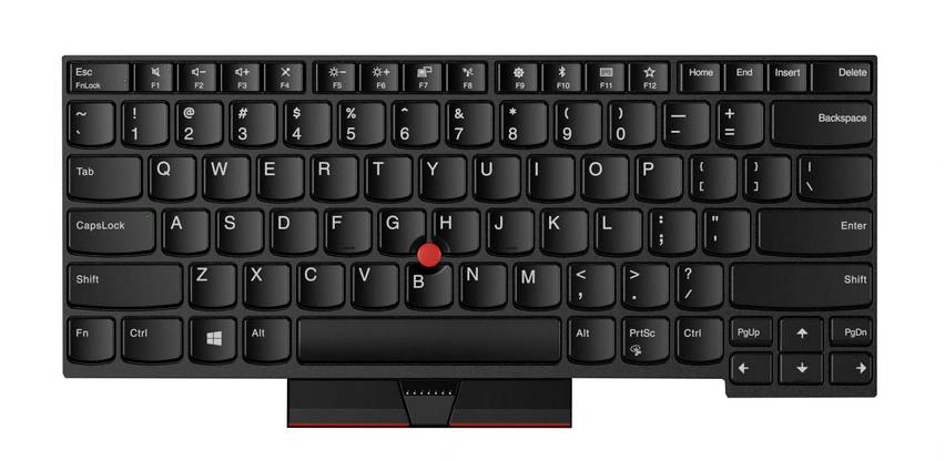 Bovenaanzicht van een zwart Lenovo-laptoptoetsenbord met een rode TrackPoint in het midden en een compacte rechterzijde toetsencluster met pijltjes en navigatietoetsen.