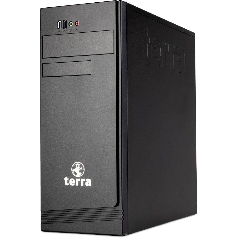 Zwarte Terra desktop computer towerbehuizing met USB-, koptelefoon- en microfoonaansluitingen aan de voorkant