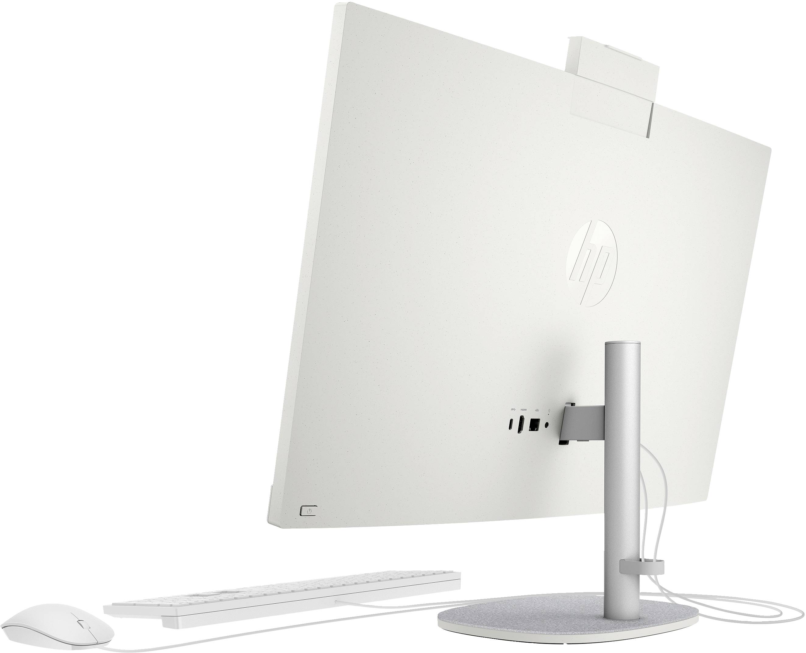 Achteraanzicht van een HP all-in-one desktopcomputer met monitor, standaard, toetsenbord en muis op een witte achtergrond.