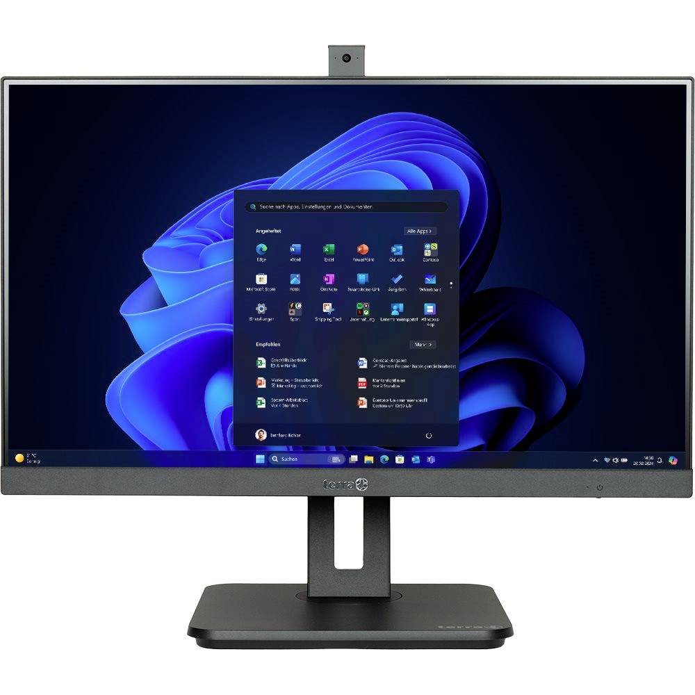 Vooraanzicht van een Dell-monitor met het Windows 11-bureaublad en het Start-menu in het midden van het scherm.