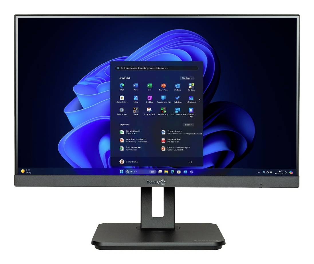 Een desktopmonitor die een Windows 11-scherm weergeeft met het Startmenu geopend over een blauwe abstracte achtergrond.