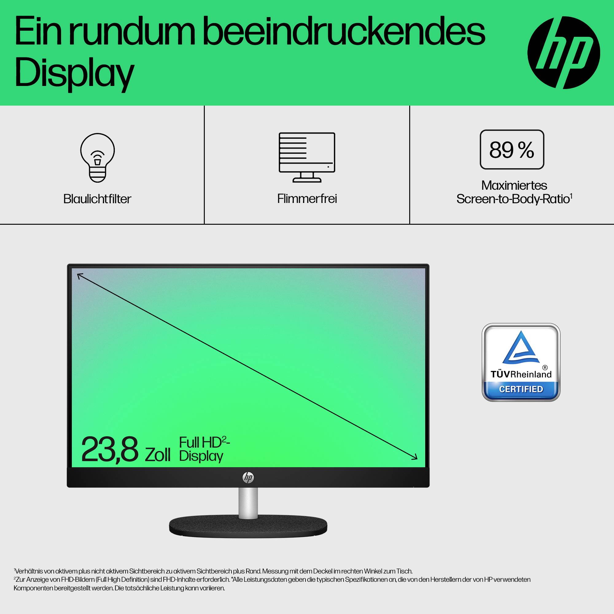 HP-monitoradvertentie met een 23,8-inch Full HD-display met blauwe-lichtfilter, flikkerfvrij beeld en 89% scherm-naar-behuizingsverhouding, TÜV Rheinland gecertificeerd.