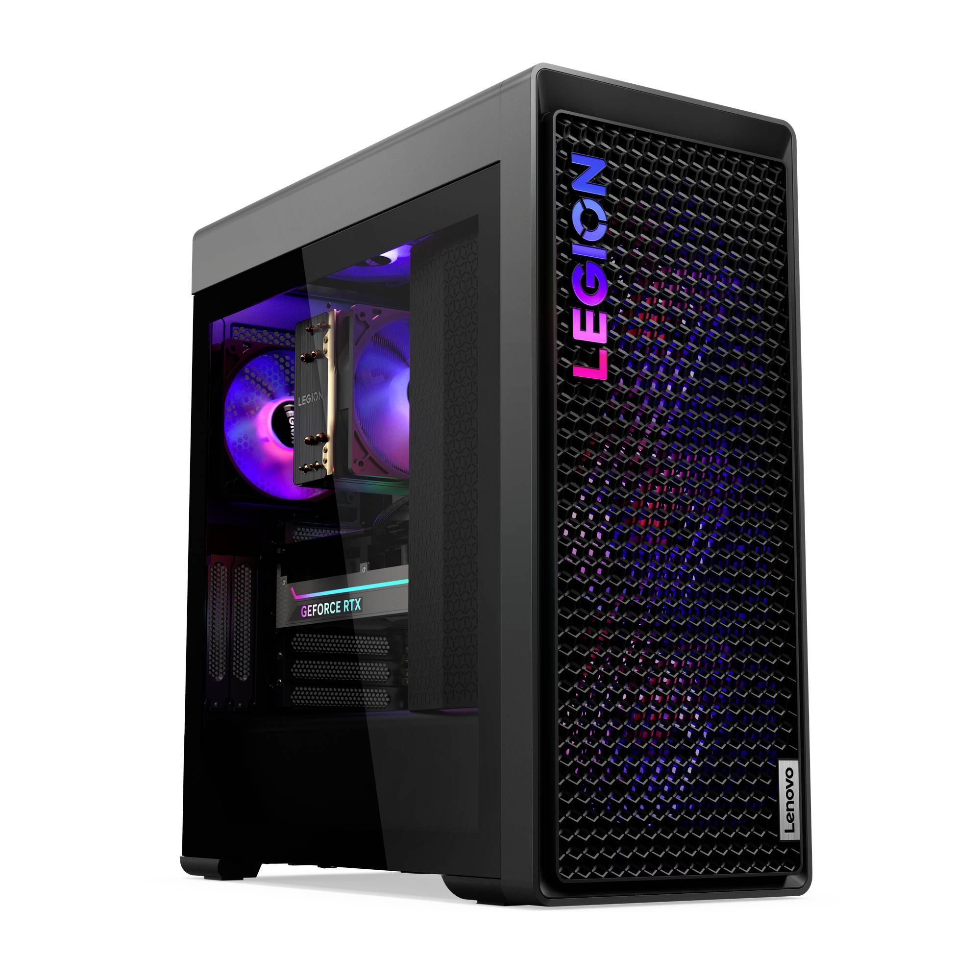 Zwarte Lenovo Legion gaming desktop toren met verlichte interne ventilators en zichtbare GeForce RTX graficskaart.