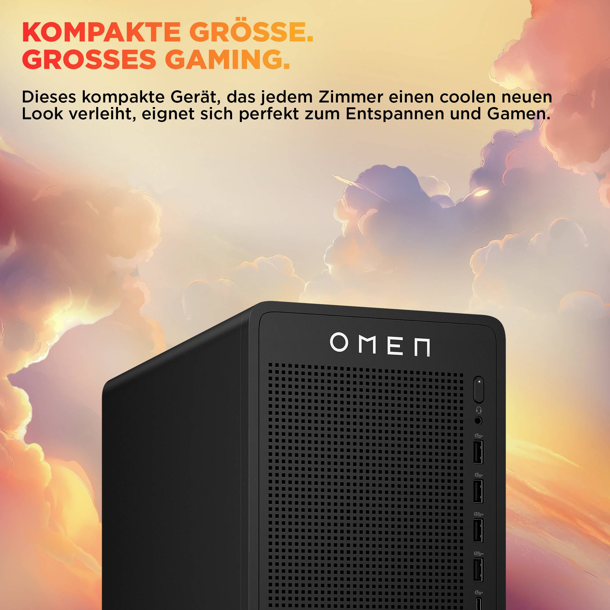 Compacte zwarte OMEN gaming desktop tower tegen een dramatische achtergrondwolken bij zonsondergang, met Duitse koptekst over compacte afmeting en grote gaming prestaties.