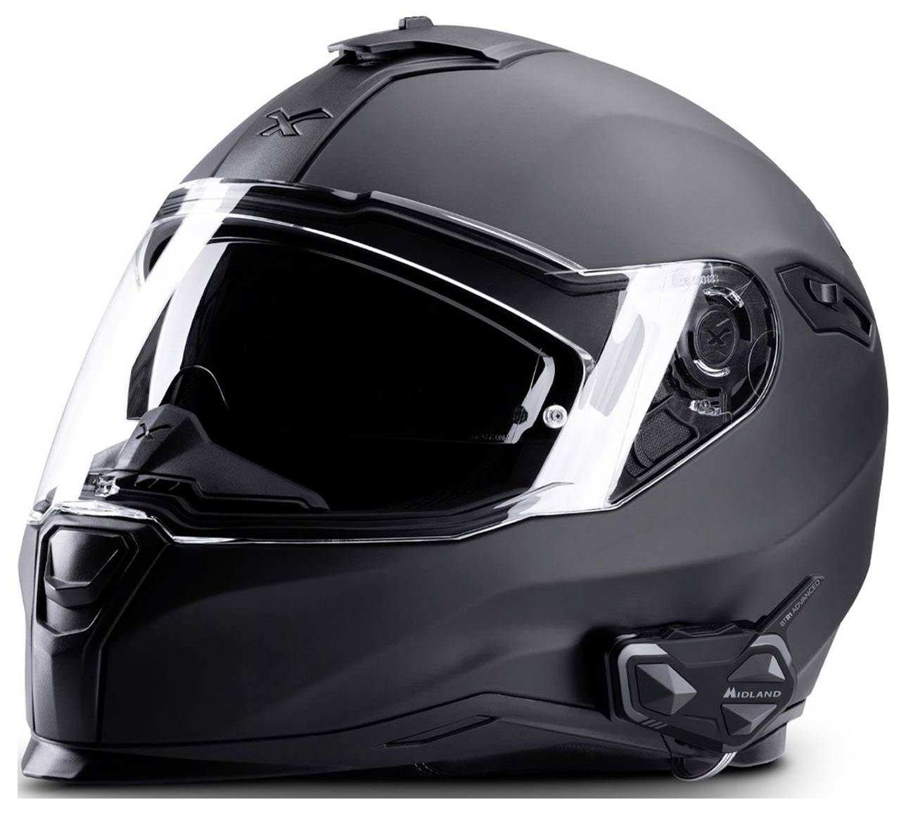 Zwarte volledige motorhelm met duidelijk vizier en ventilatieregelaars aan de zijkant op een witte achtergrond.