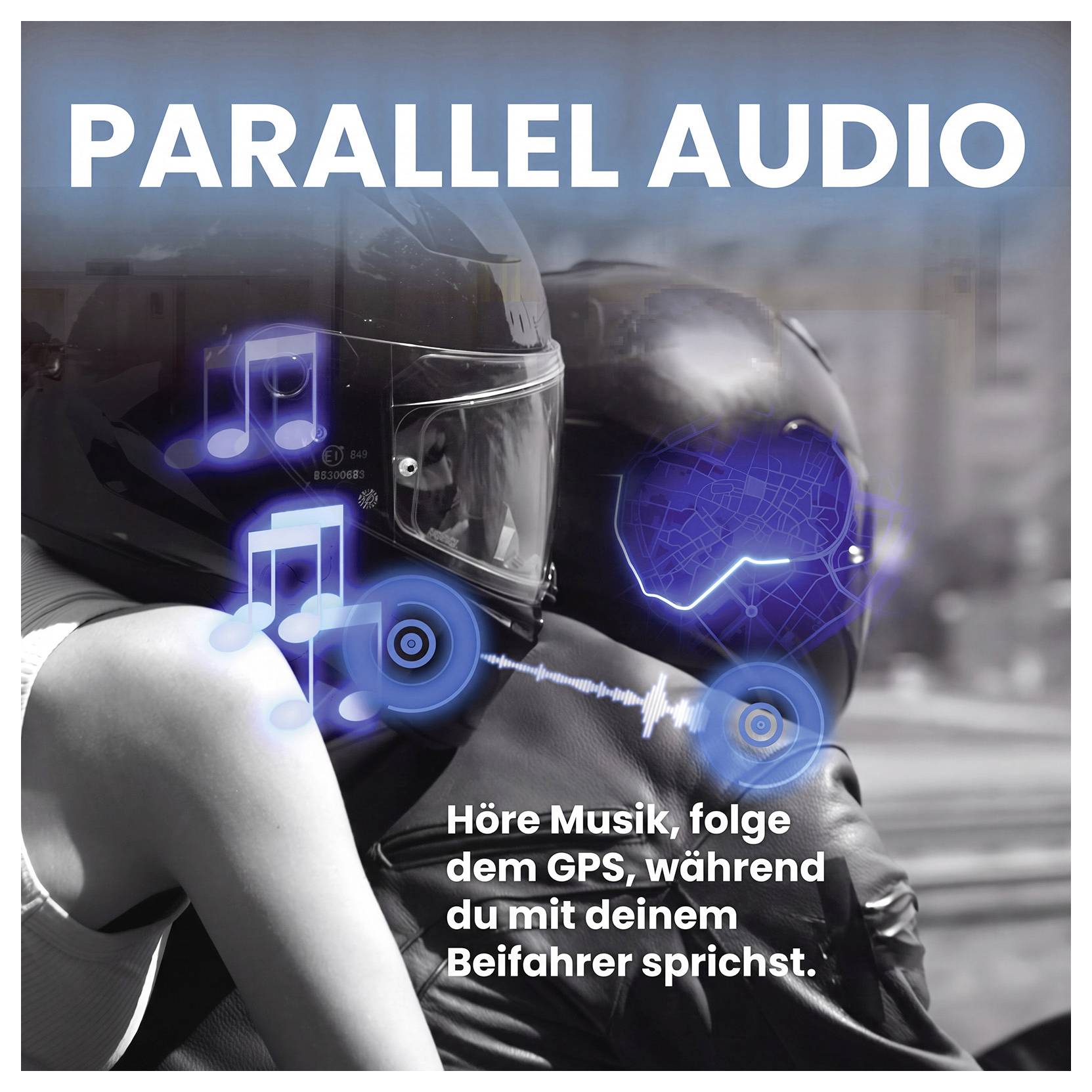 Promotieafbeelding voor 'PARALLEL AUDIO' met twee helmdragers met audio- en GPS-pictogrammen; de tekst luidt: 'Luister naar muziek, volg de GPS, terwijl je met je passagier praat.'