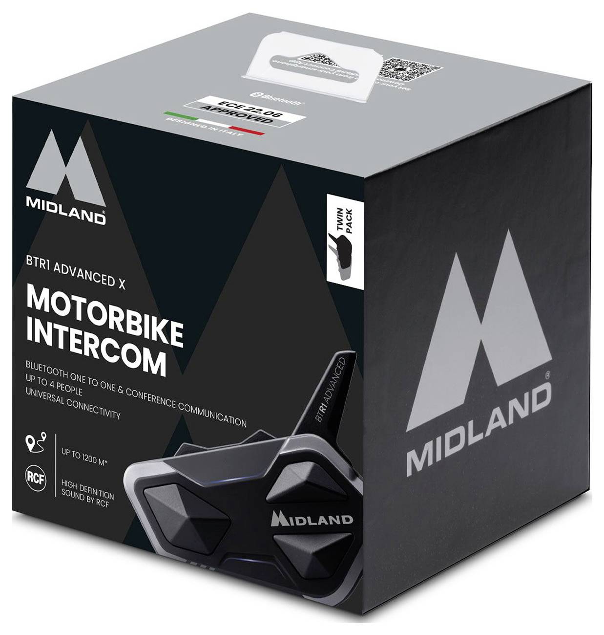 Verpakking in doos voor Midland BTR1 Advanced X motorfiets intercom, met productafbeelding en branding op een zwart en grijs retaildoos.