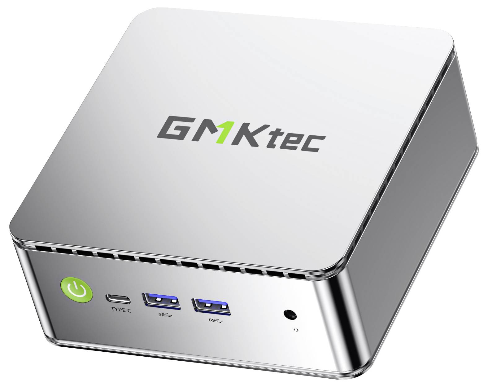 Compacte GMKtec mini-pc weergegeven in een hoek, met aan de voorkant zichtbare aan/uit-knop, USB-C en USB-poorten.