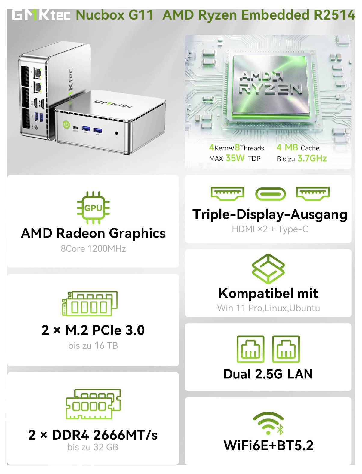 GMKtec Mini-PC (HTPC) G11-3 AMD Ryzen™ Embedded R2514 16+256GB AMD Ryzen Embedded R2514 3.7 GHz 16 GB RAM 256 GB SSD AMD-15