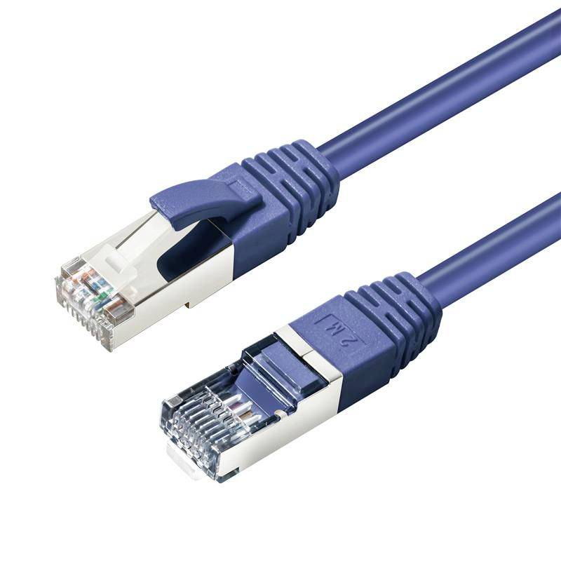 Twee blauwe ethernetkabels met RJ45-connectoren, weergegeven in detail op een witte achtergrond.