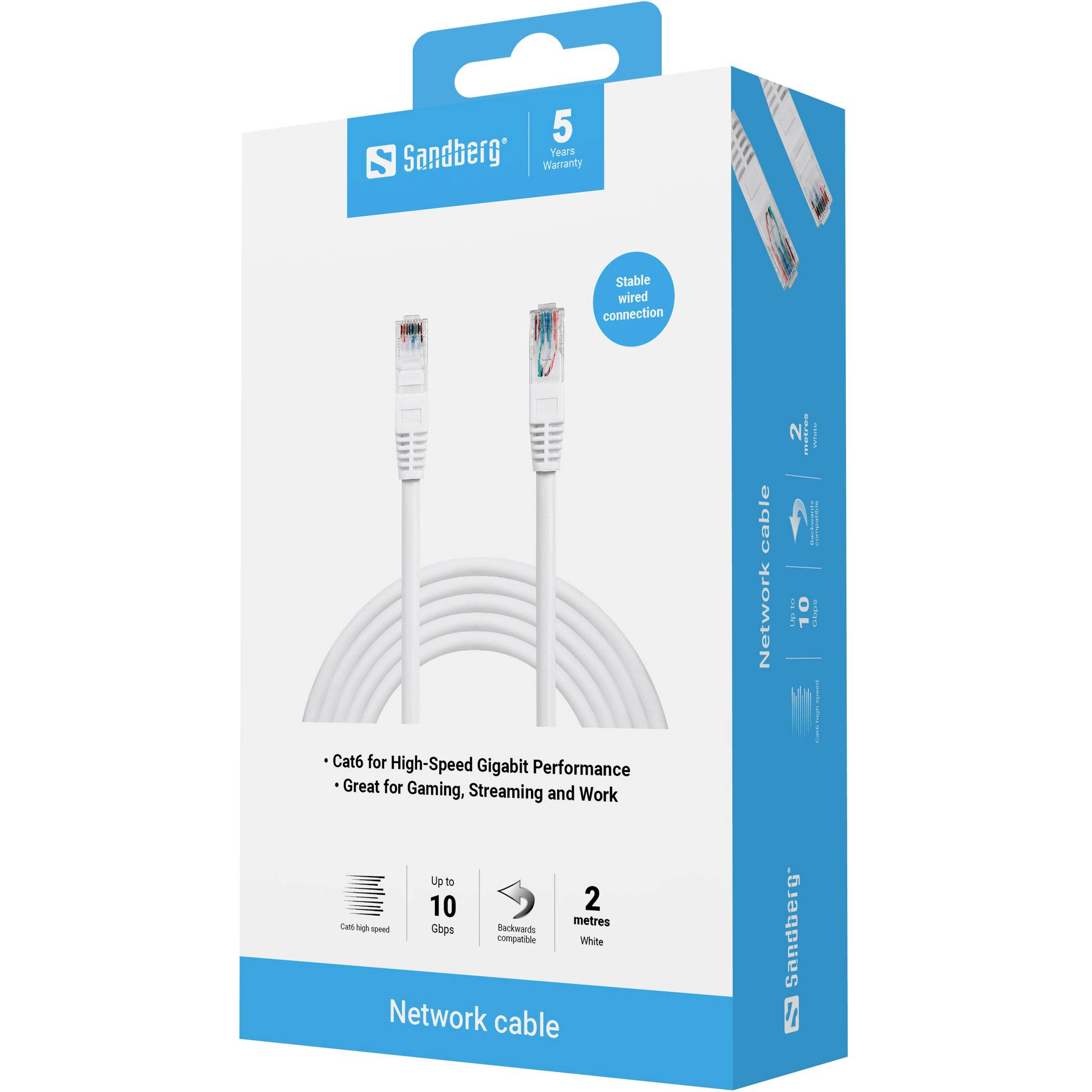 Sandberg Netwerkkabel retailbox met een witte Cat6 platte Ethernet-kabel met 10 Gbps en 2 meter lengte.