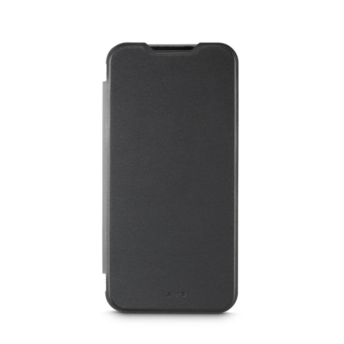 Zwarte smartphone flipcase met voorkant, gesloten weergegeven op een witte achtergrond.