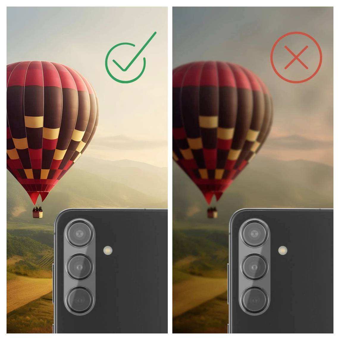 Afbeelding gesplitst waarin een smartphonecamera een heteluchtballon fotografeert; links is scherp en rechts is wazig, gemarkeerd met een groen vinkje en rood kruis om focuskwaliteit aan te geven.