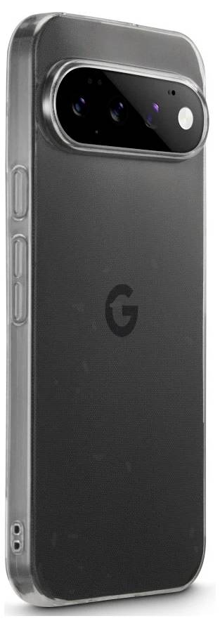 Achteraanzicht van een Google Pixel-smartphone in een duidelijke beschermhoes, met zicht op de camerabalk en 'G'-logo.
