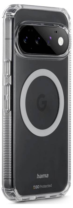 Doorzichtig beschermend telefoonhoesje met verhoogde camerabescherming, weergegeven op een Google Pixel-achtige telefoon, gebranded met 'hama' en 'D30 Protected' op de achterkant.
