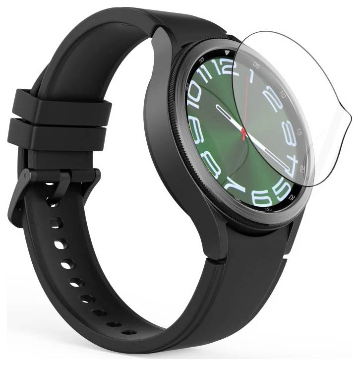 Zwart smartwatch met een gebogen glazen scherm en zwart siliconen bandje op een witte achtergrond.